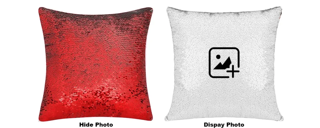 Side-by-side mockup template of a blank red square personalized custom photo magic cushion for online customization by upahar18.