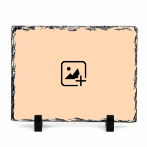 A blank horizontal rectangle shape natural rock stone frame template with raw chiseled edges resting on two black stands against a clean white background. The center area is smooth beige with a black photo placeholder icon, showing where a personalized custom photo printed by upahar18 will go.