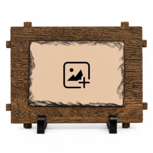 A blank landscape rectangle shape natural rock stone frame template with a textured outer wood-like border design on a white background. The smooth center beige area has a black image placeholder icon, showing where a personalized custom photo printed by upahar18 can be added.