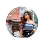 A studio front view of a circular upahar18 Table clock printed with a high-resolution custom photo layout, isolated on a solid white background.