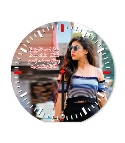 A studio front view of a circular upahar18 Table clock printed with a high-resolution custom photo layout, isolated on a solid white background.