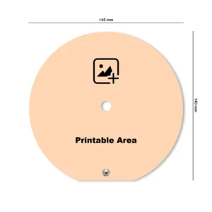 A circular design template mockup of a upahar18 Table clock with size measurements of 145mm width and 140mm height, showing a central custom photo placeholder icon.