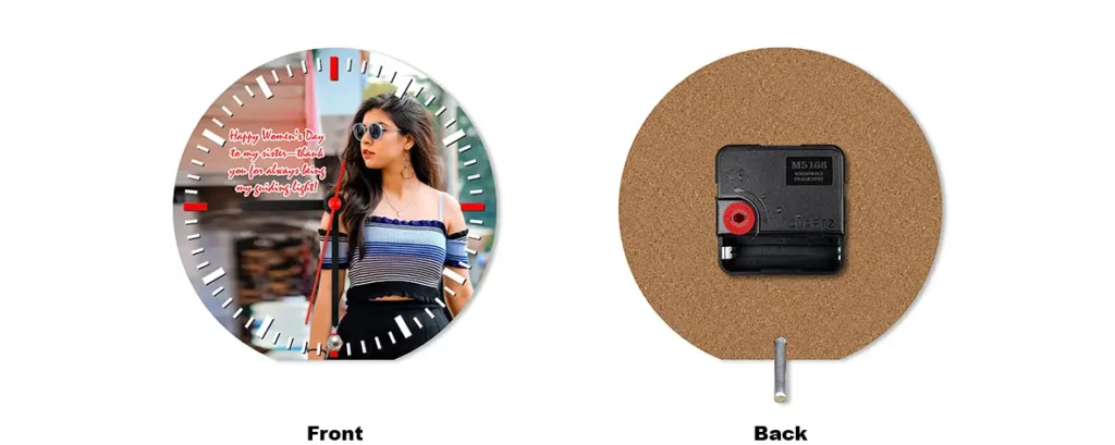 A side-by-side front and back layout preview of a circular upahar18 personalized custom photo printed MDF Table clock mockup.