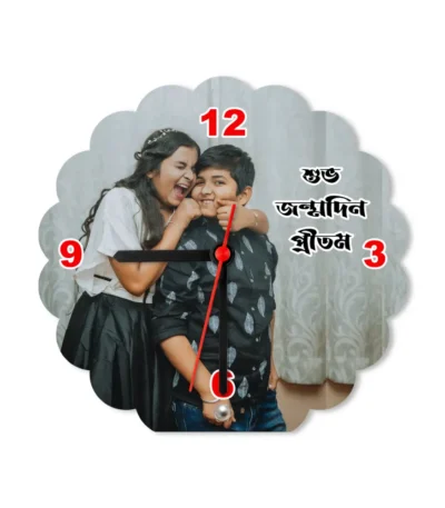 A studio front view of a wavy edge flower silhouette upahar18 Table clock printed with a high-resolution custom photo layout, isolated on a solid white background.