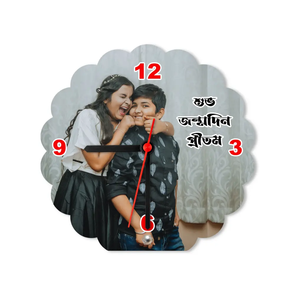 A studio front view of a wavy edge flower silhouette upahar18 Table clock printed with a high-resolution custom photo layout, isolated on a solid white background.