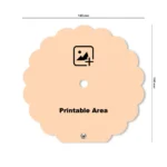A wavy flower-shaped design template mockup of a upahar18 Table clock indicating size dimensions of 145mm width and 140mm height with a central custom photo placeholder icon.