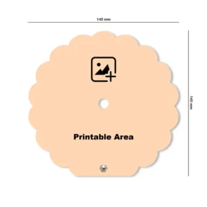 A wavy flower-shaped design template mockup of a upahar18 Table clock indicating size dimensions of 145mm width and 140mm height with a central custom photo placeholder icon.