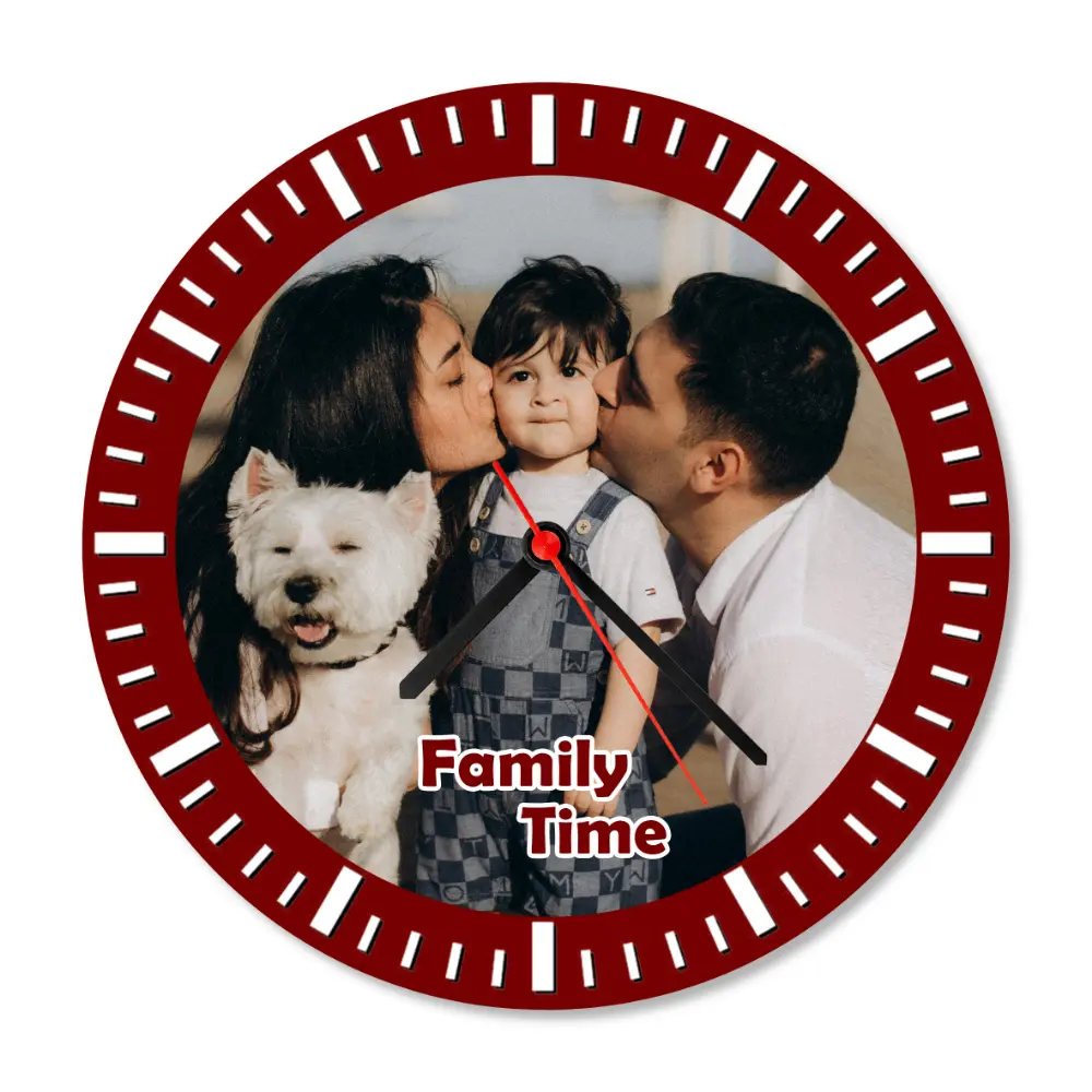 A crisp studio front view of a circular upahar18 Wall clock printed with a high-definition custom photo of a mother and father kissing their child alongside a white pet dog, isolated on a solid white background.