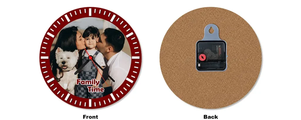 A side-by-side front and back layout preview of a circular upahar18 personalized custom photo printed MDF Wall clock mockup.