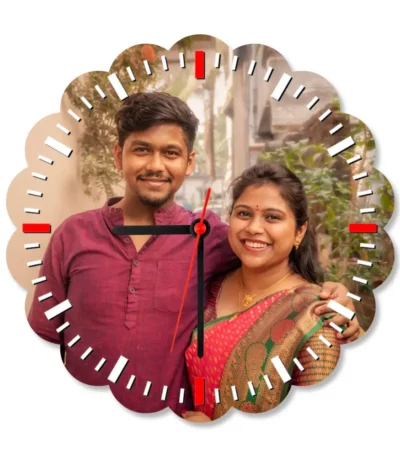 A crisp studio front view of a flower-shaped upahar18 Wall clock printed with a high-definition custom photo of a happy couple, isolated on a solid white background.