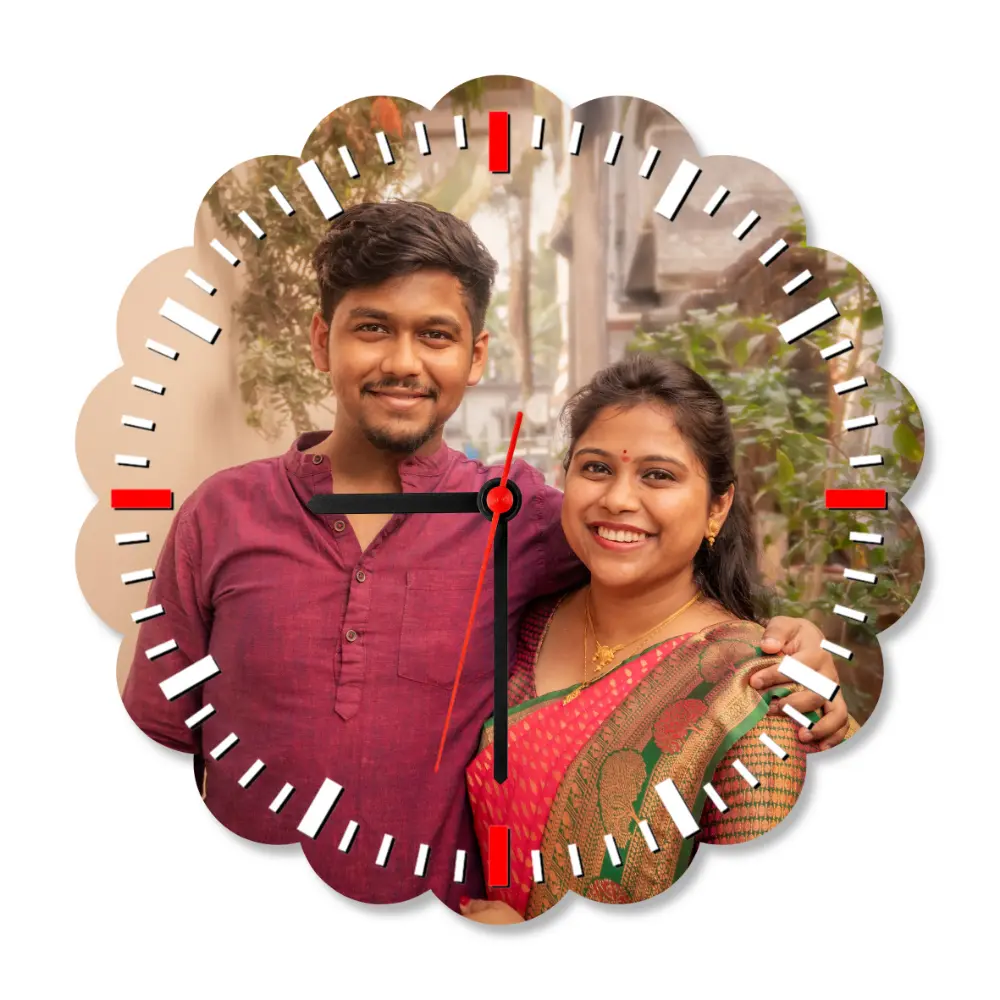 A crisp studio front view of a flower-shaped upahar18 Wall clock printed with a high-definition custom photo of a happy couple, isolated on a solid white background.