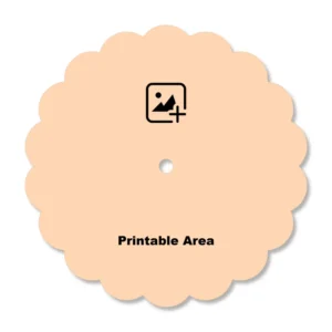 A flower-shaped design template layout of a upahar18 Wall clock showing a blank peach-colored printable area with a central custom photo placeholder icon.