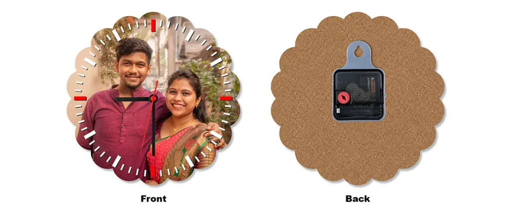A side-by-side front and back layout preview of a wavy flower-shaped upahar18 personalized custom photo printed MDF Wall clock mockup.
