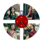A close-up studio front view of a 4-photo round collage upahar18 Wall clock printed with vibrant custom photo slots of a woman in traditional dresses, isolated on a white background.