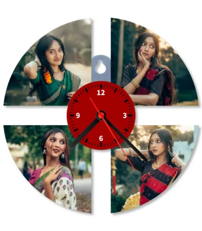 A close-up studio front view of a 4-photo round collage upahar18 Wall clock printed with vibrant custom photo slots of a woman in traditional dresses, isolated on a white background.