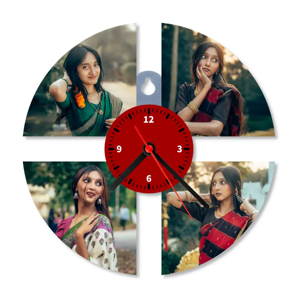 A close-up studio front view of a 4-photo round collage upahar18 Wall clock printed with vibrant custom photo slots of a woman in traditional dresses, isolated on a white background.