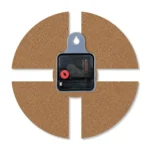 The back view of a 4-slot split circular upahar18 MDF clock showing its brown wood texture, central black quartz movement engine, and a grey plastic wall-hanging bracket hook.