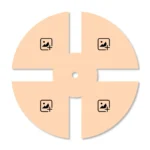 A 4-slot round collage design template layout of a upahar18 Wall clock showing four separate peach-colored printable area blocks, each containing a custom photo placeholder icon.