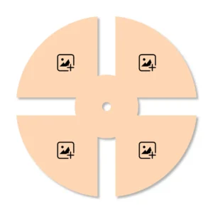 A 4-slot round collage design template layout of a upahar18 Wall clock showing four separate peach-colored printable area blocks, each containing a custom photo placeholder icon.