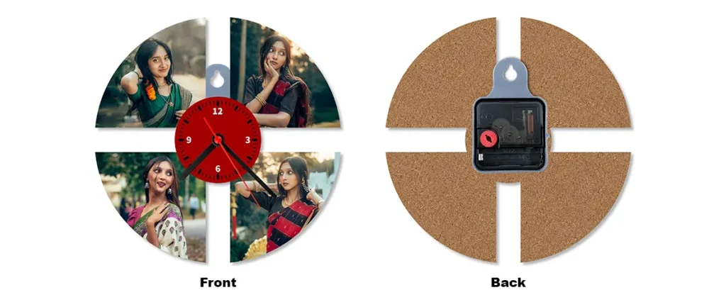 A side-by-side front and back layout preview of a 4-slot split circular upahar18 personalized custom photo printed MDF Wall clock mockup.