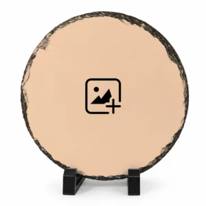 A blank round shape natural rock stone frame template standing on two black plastic legs against a white background. The center is a smooth beige customizable space with a black photo placeholder icon, indicating where a personalized custom photo printed by upahar18 can be seamlessly placed.