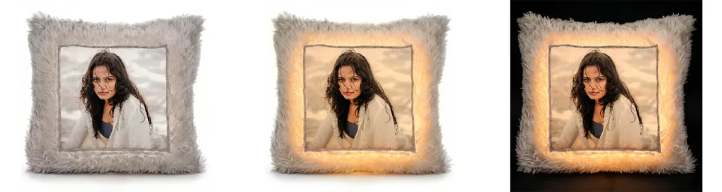 A horizontal 3-step visualization chart demonstrating the unlit and illuminated glowing views of a personalized square shape LED fur cushion by upahar18.
