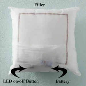 An internal component diagram showing the square cushion filler mechanism with labeled battery slot and LED on/off button from upahar18.