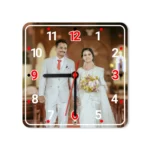 A studio front view of a square upahar18 Table clock cleanly printed with a high-resolution custom photo layout of a wedding couple, isolated on a solid white background.