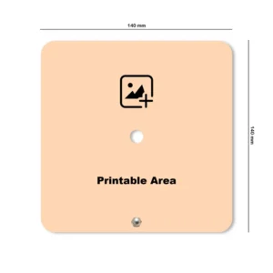 A square design template blueprint of a upahar18 Table clock indicating size dimensions of 140mm by 140mm with a central custom photo placeholder icon.