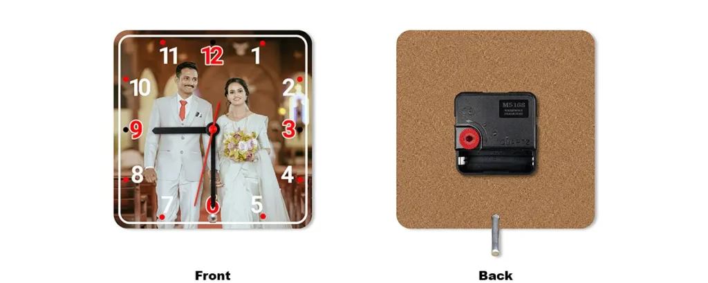 A side-by-side front and back layout preview of the square-shaped upahar18 personalized custom photo printed MDF Table clock mockup.