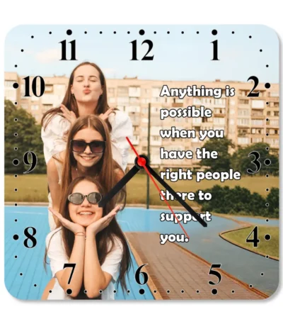 A crisp studio front view of a square upahar18 Wall clock printed with a high-definition custom photo of three happy girls stacked vertically, isolated on a solid white background.