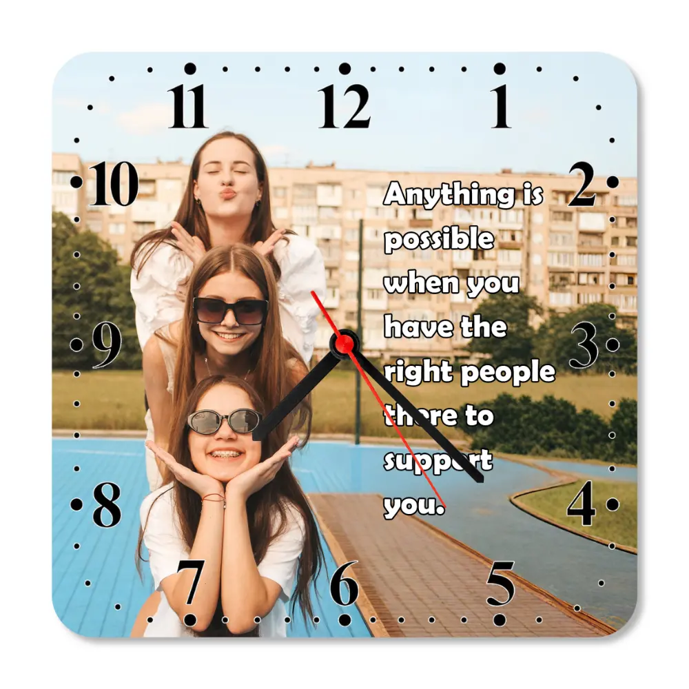 A crisp studio front view of a square upahar18 Wall clock printed with a high-definition custom photo of three happy girls stacked vertically, isolated on a solid white background.