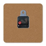 The back view of a square upahar18 MDF clock showing its brown engineered wood finish, a central black quartz movement machine box, and a built-in grey plastic wall hanger hook.
