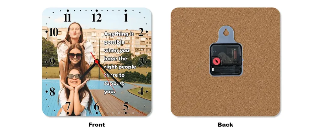 A side-by-side front and back layout preview of a square upahar18 personalized custom photo printed MDF Wall clock mockup.