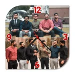 A close-up front view of a unique square upahar18 Wall clock with two rounded corners, printed with a custom photo collage of a group of male friends, isolated on a white background.