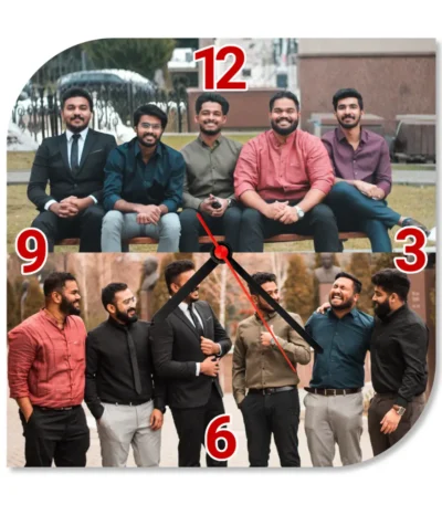 A close-up front view of a unique square upahar18 Wall clock with two rounded corners, printed with a custom photo collage of a group of male friends, isolated on a white background.