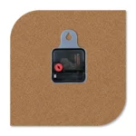 The back view of a custom square upahar18 MDF clock showing its brown wood grain backing, a central black quartz movement engine, and a plastic wall-hanging slot.