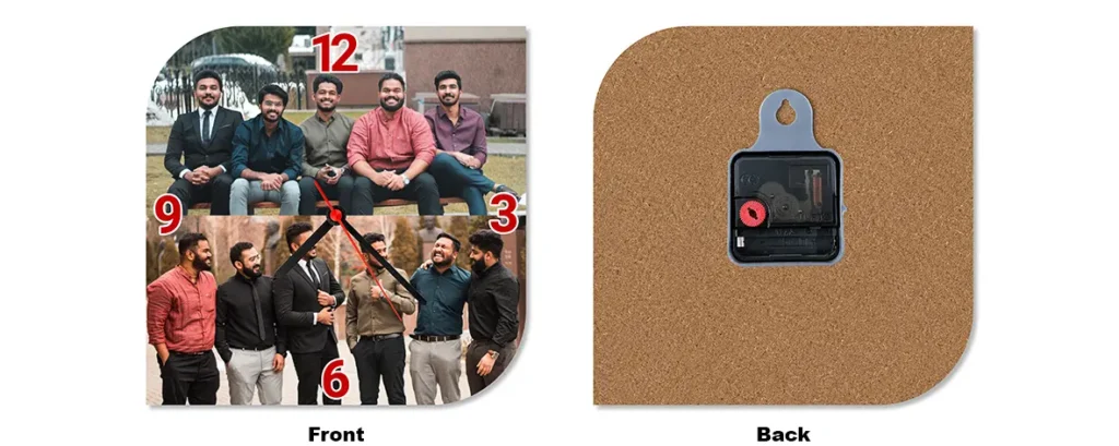 A side-by-side front and back layout preview of the unique square upahar18 personalized custom photo printed MDF Wall clock mockup.