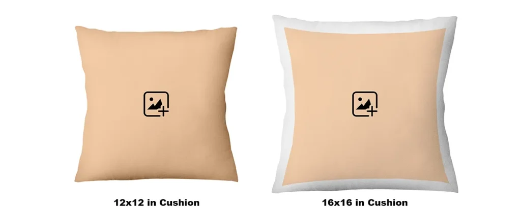 Size comparison graphic showing the 12x12 inch and 16x16 inch variations for a personalized custom photo square plain cushion by upahar18.