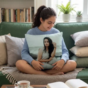 A smiling woman sitting on a green sofa holding a 12x12 inch personalized square shape plain cushion with a custom photo by upahar18.