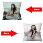 An infographic diagram detailing the customizable front and back print options of a personalized square shape plain cushion by upahar18.