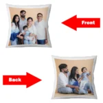 An infographic diagram illustrating the front and back custom photo print layout options for a 16x16 inch personalized cushion by upahar18.