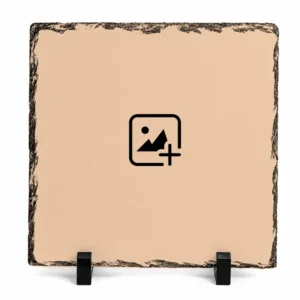 A blank square shape natural rock stone frame template resting on twin black stands against a white background. The center showcases a flat beige customizable area with a black image placeholder icon, showing where a personalized custom photo printed by upahar18 can be added.