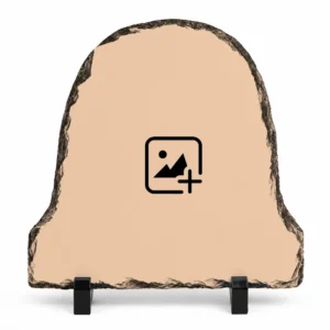 A blank template of a bell shape natural rock stone frame on black stands with a white background. The frame has a smooth beige customizable center area featuring a black image placeholder icon, demonstrating where a personalized custom photo printed by upahar18 will be placed.