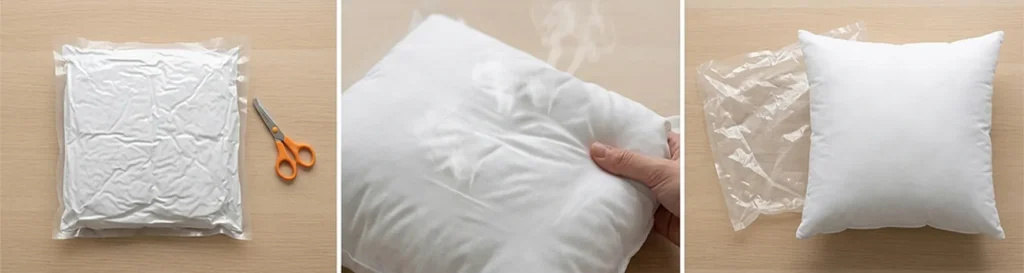 Step-by-step vacuum packaging unboxing process of soft cushion filler for personalized custom photo pillow from upahar18.