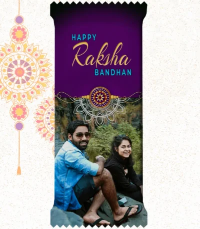 Custom printed Nestlé KitKat bar by upahar18 with a purple customize design wrapper showing an English Rakhi greeting, a traditional rakhi thread illustration, and a real photo chocolate print of a smiling brother and sister sitting outdoors.