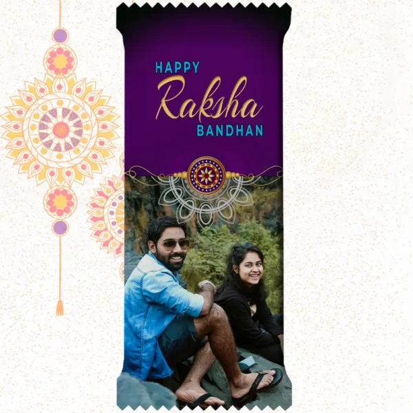 Custom printed Nestlé KitKat bar by upahar18 with a purple customize design wrapper showing an English Rakhi greeting, a traditional rakhi thread illustration, and a real photo chocolate print of a smiling brother and sister sitting outdoors.