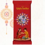 Customized red Nestlé KitKat bar by upahar18 with a vibrant customize design cover, English text, sibling artwork, and a high-quality photo chocolate print of a little boy and girl wearing sunglasses.