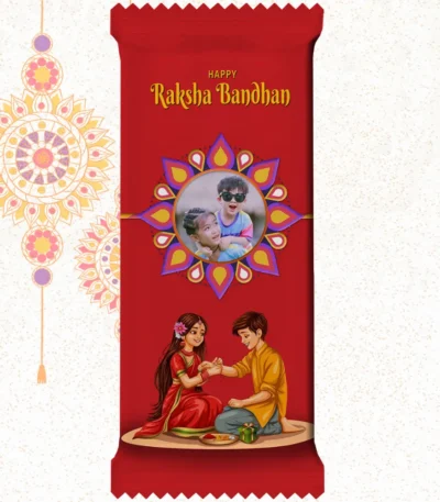 Customized red Nestlé KitKat bar by upahar18 with a vibrant customize design cover, English text, sibling artwork, and a high-quality photo chocolate print of a little boy and girl wearing sunglasses.