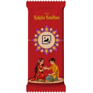 Upahar18 Nestlé KitKat wrapped in a festive red customize design wrapper featuring gold English Happy Raksha Bandhan typography, a colorful mandala frame template, and a cute brother-sister cartoon illustration.